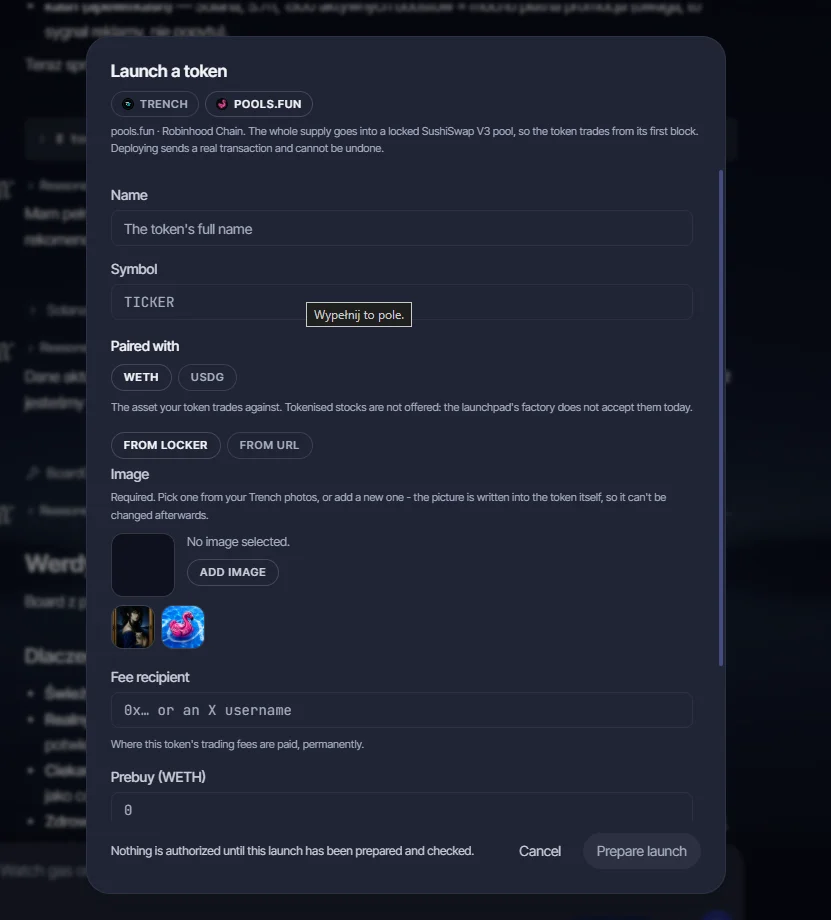 The Launch a token dialog with the Trench and pools.fun lanes on Robinhood Chain