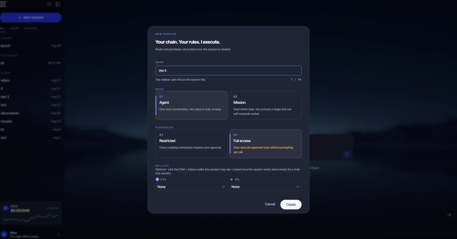 The New Session dialog: mode, permission and wallet pickers