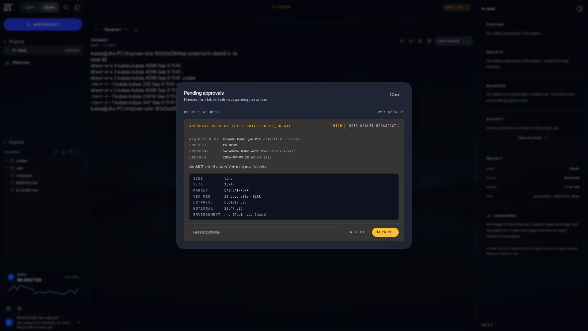 The Pending approvals dialog with one card: Approval needed for vex:lighter.order_create, requested by Claude Code in rh-desk, the proposal id and expiry, and the critical arguments well listing side, size, market, price, notional, fee and environment