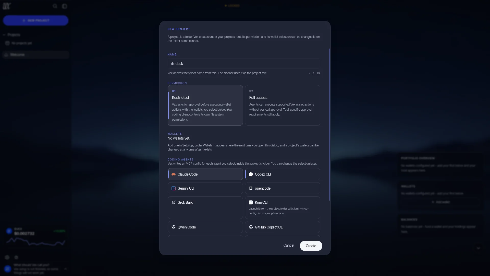 The New project dialog with Claude Code and Codex CLI ticked in the coding agents picker