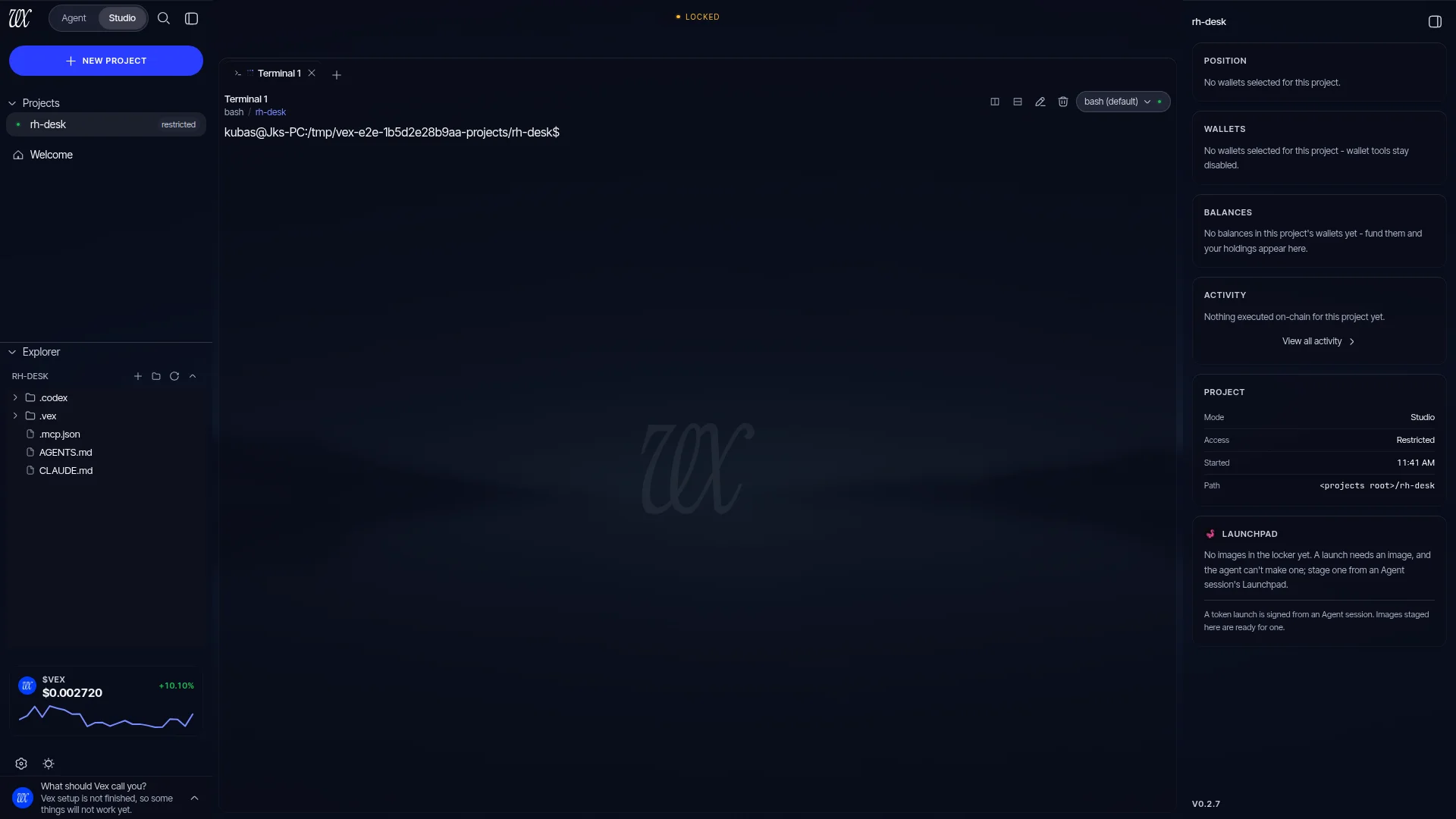 The Studio workspace in the desktop app: the projects rail and explorer, a terminal running in the rh-desk project, and the project's portfolio panel